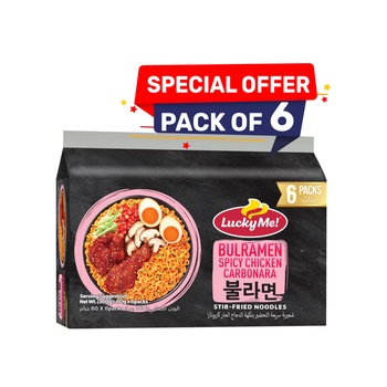 Lucky Me Bulramen Spicy Chicken Carbonara Stir Fried Noodles 6x60g